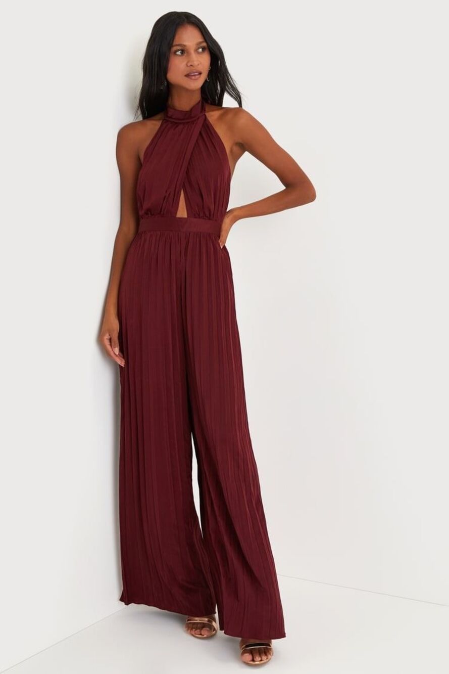 Lulus Confident Impression Burgundy Satin Pleated Halter Jumpsuit Small Wide Leg
